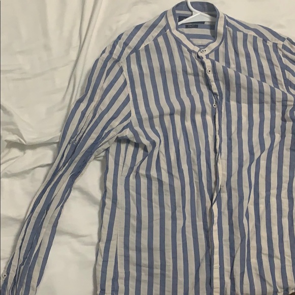 Striped Linen Shirt w/ Banded Collar - Picture 3 of 4